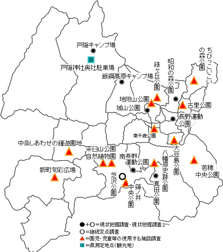 長野市内の公園・遊園地等の空間放射線量測定地点22施設の配置図