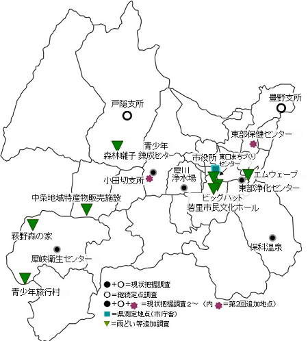長野市内のその他の市施設の空間放射線量測定地点18施設の配置図