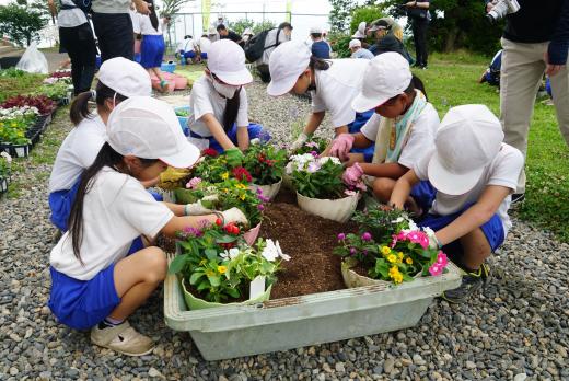 写真：花を植え付ける児童たち