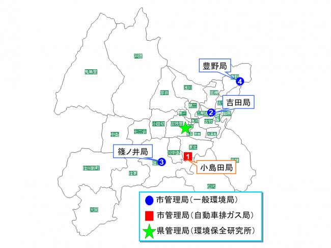 長野市内の大気測定局の配置状況