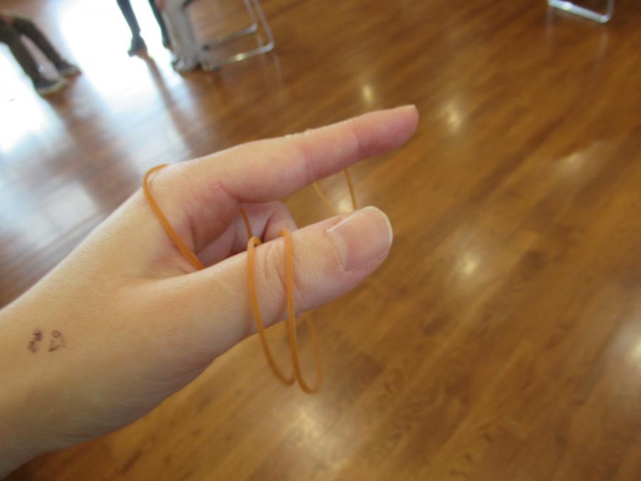 輪ゴム4本を親指に引っかけている手の写真