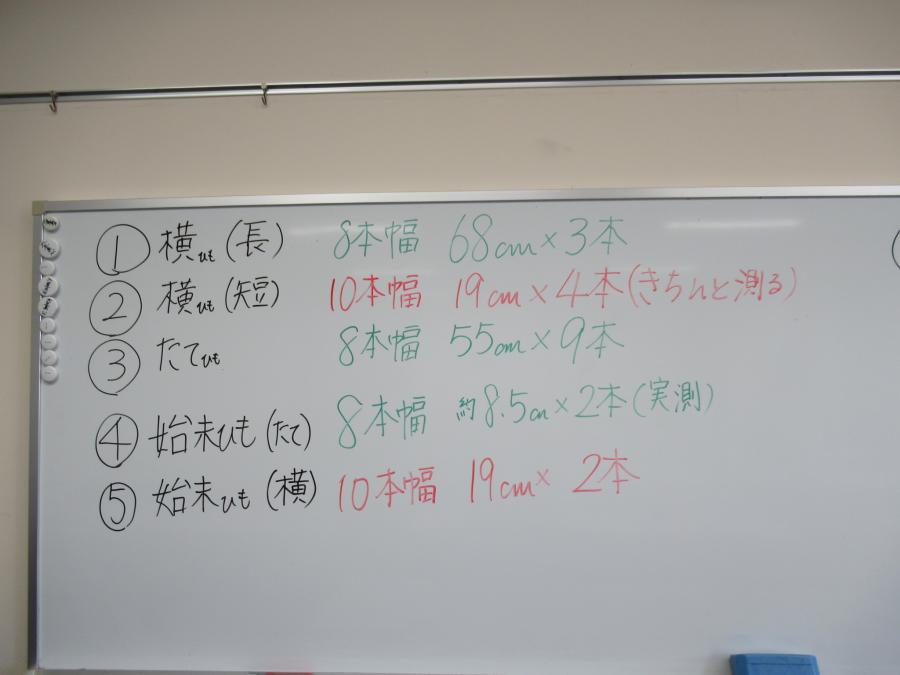 クラフトバンドを切る長さをホワイトボードに書いてある写真
