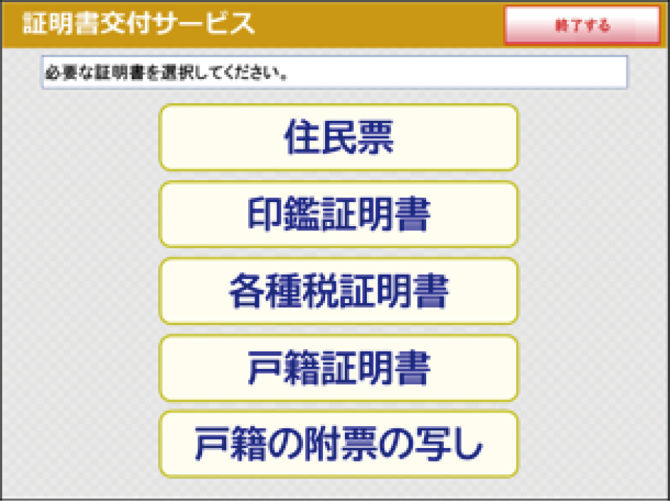 「必要な証明書」選択画面