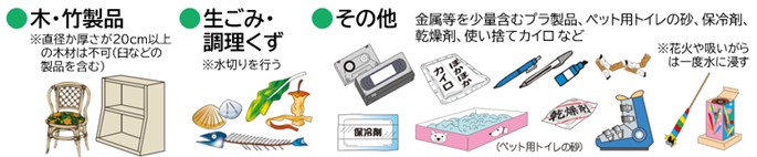 木製品、竹製品、生ごみや調理くず、その他カセットテープ等のテープ類、保冷剤、乾燥剤や使い捨てカイロなどは可燃ごみへ
