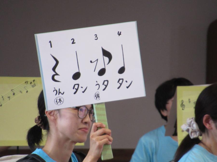 リズム打ちのやり方を書いてあるプラカードを持つ演奏者の写真