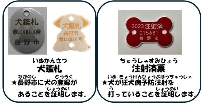 犬鑑札及び狂犬病予防注射済票の写真