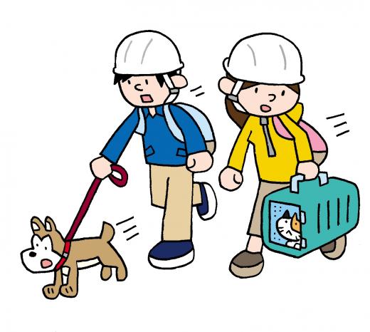 犬猫と同行避難する人のイラスト