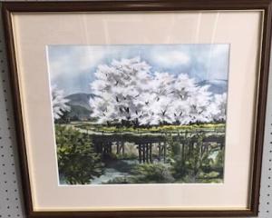 橋と桜の絵画