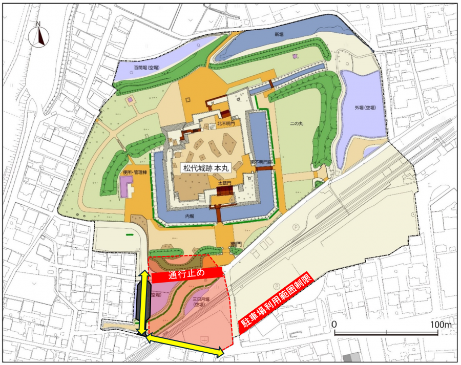 工事に伴う通行止めと駐車場範囲制限図